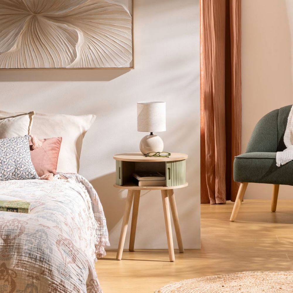 sage and wood rnd storage side table h54 x d40 cm