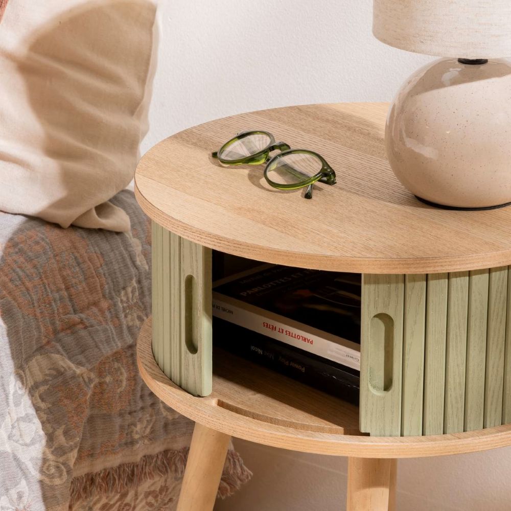 sage and wood rnd storage side table h54 x d40 cm