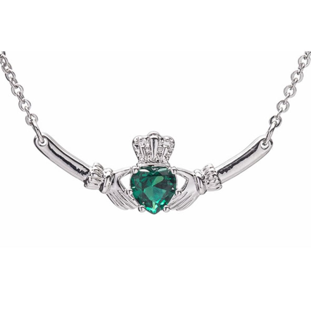 silver claddagh pendant with green diamond