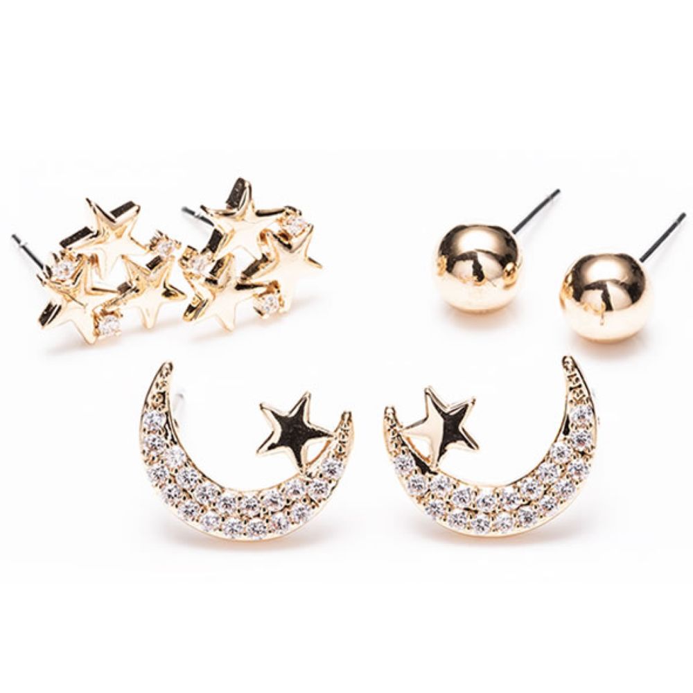 gold sun, moon, star earrings set 3
